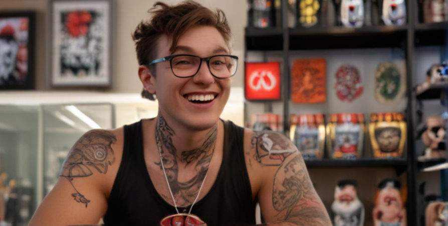 A nerdy man eagerly sitting in a tattoo parlor chair.