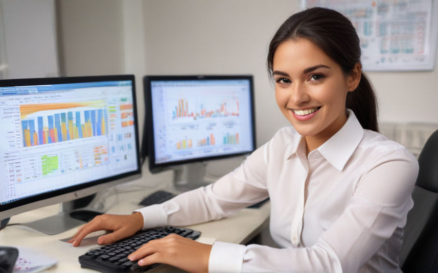 A smiling office worker types happily at a desk with a large monitor showing colorful charts.