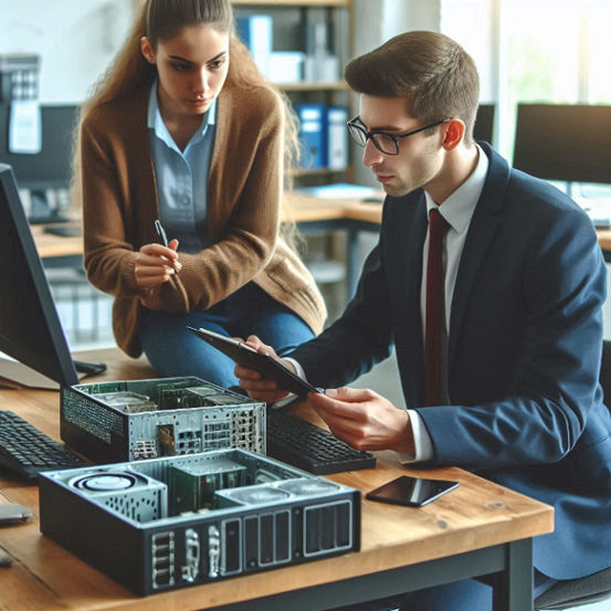 A business broker reviewing computer hardware specs with a client, discussing the sale of tech assets.