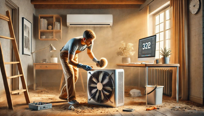 A person cleaning both a dusty computer and a dirty air conditioner.