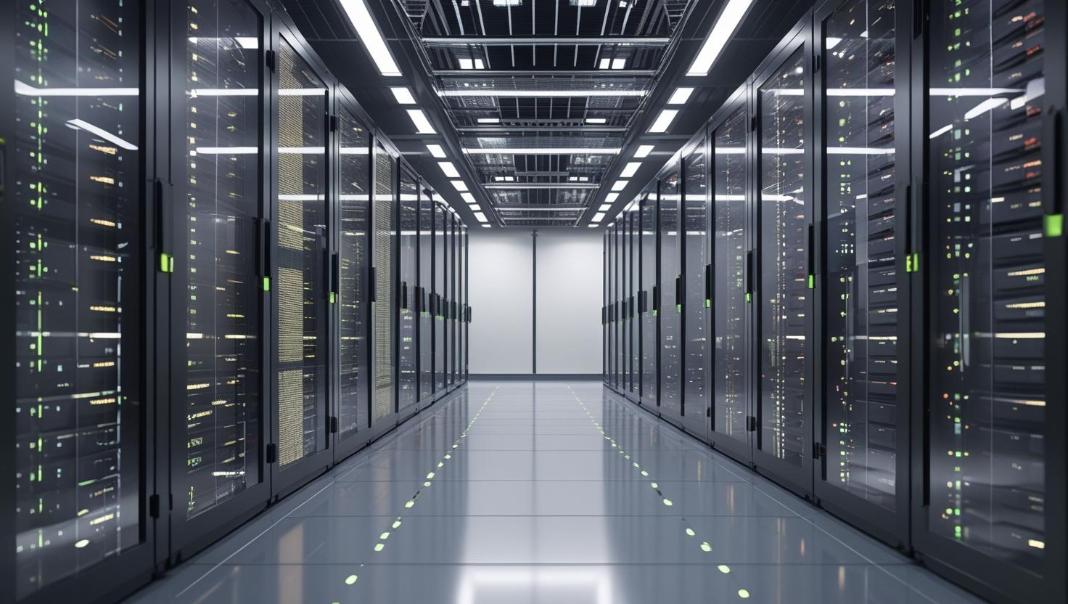 Modern Korean data center with glowing server racks and polished reflective floor.