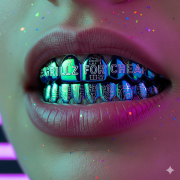 A close-up, high-fashion photograph of a person with grillz that spell out "Grillz for Cheap" in a futuristic, tech-inspired font.