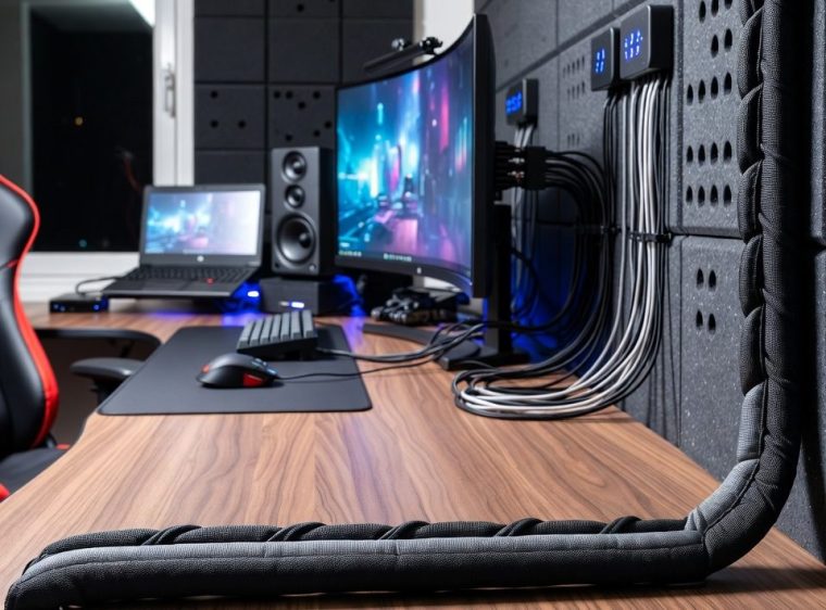 gaming desk with fire-retardant fabric cable sleeves and acoustic panels