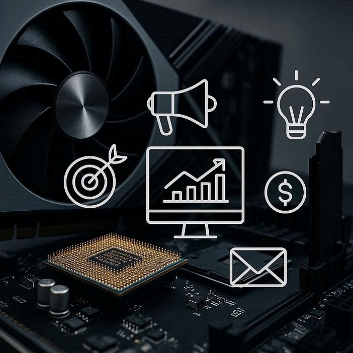 Modern computer hardware showcased with digital marketing icons overlay